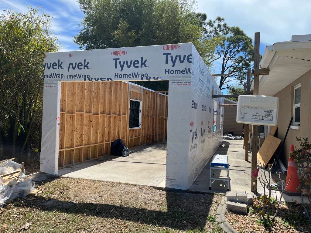 Bathroom addition wood framing construction progress in North Port FL