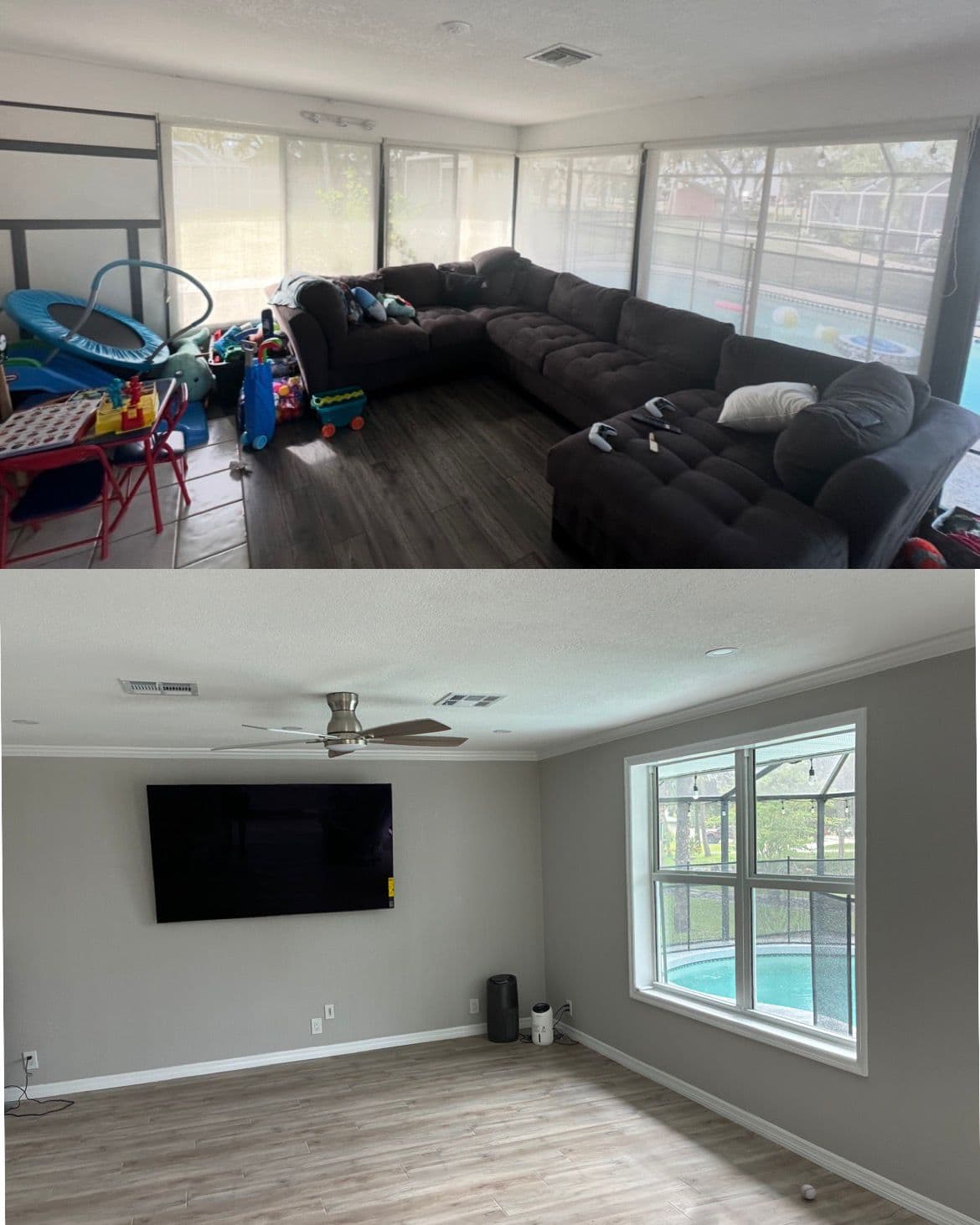 Sunroom remodel before and after with new flooring in North Port FL
